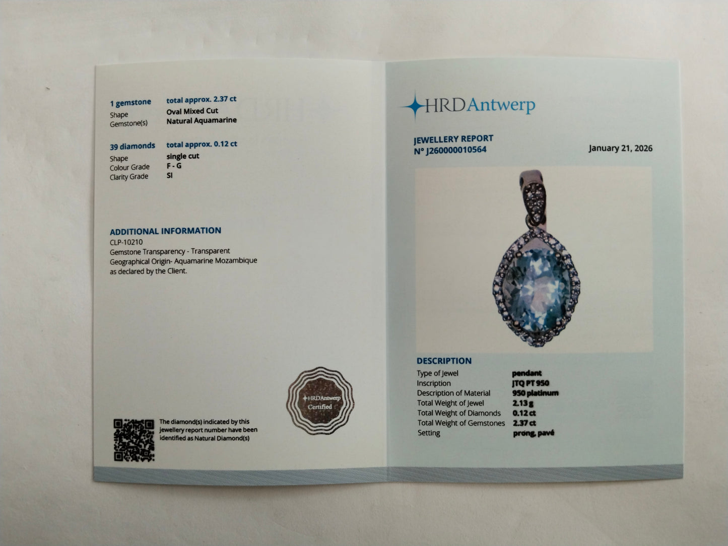 2.49 Ct Oval Mixed Cut Natural Aquamarine 950 Platinum Pendant
