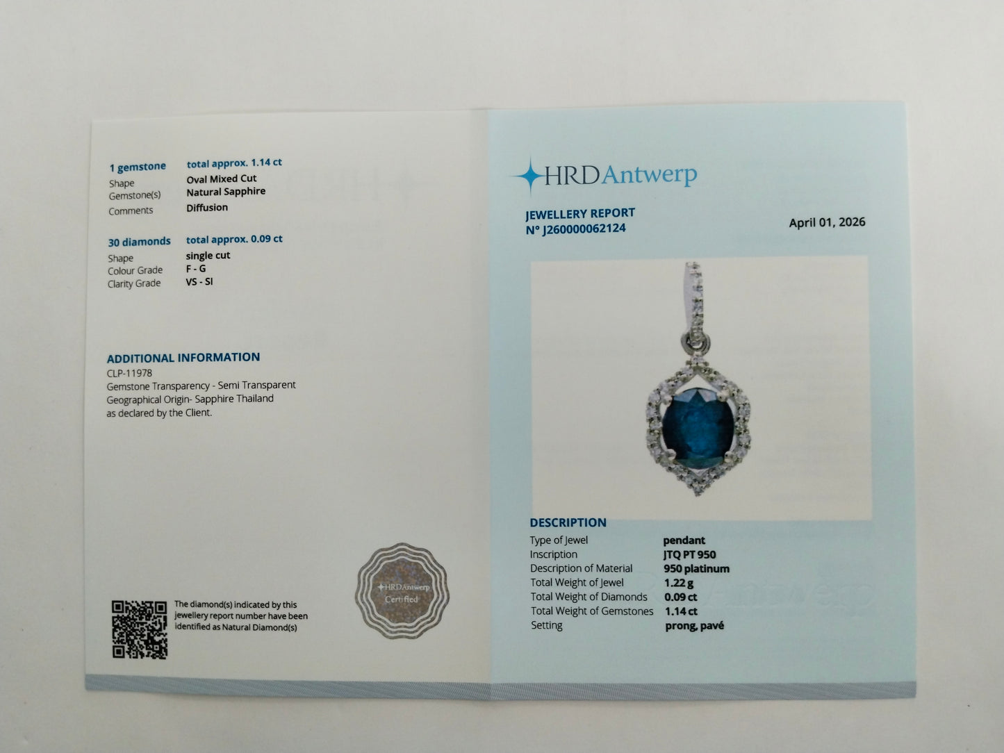 1.23 Ct Oval Mixed Cut Natural Sapphire 950 Platinum Pendant
