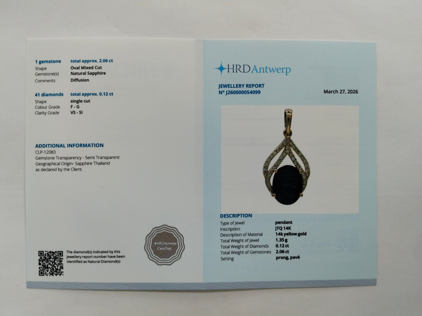 2.18 Ct Oval Mixed Cut Natural Sapphire 14K Gold Pendant