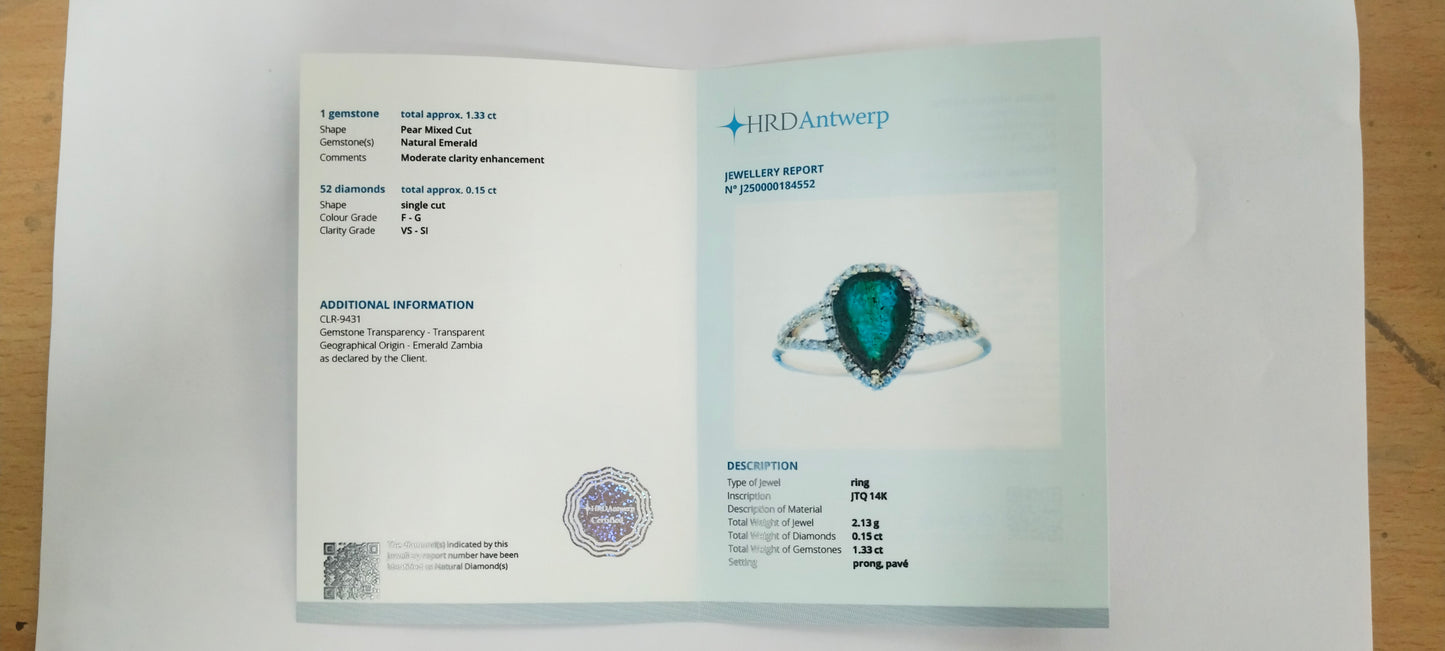 1.48 Ct Pear Mixed Cut Natural Emerald 14K Gold Ring