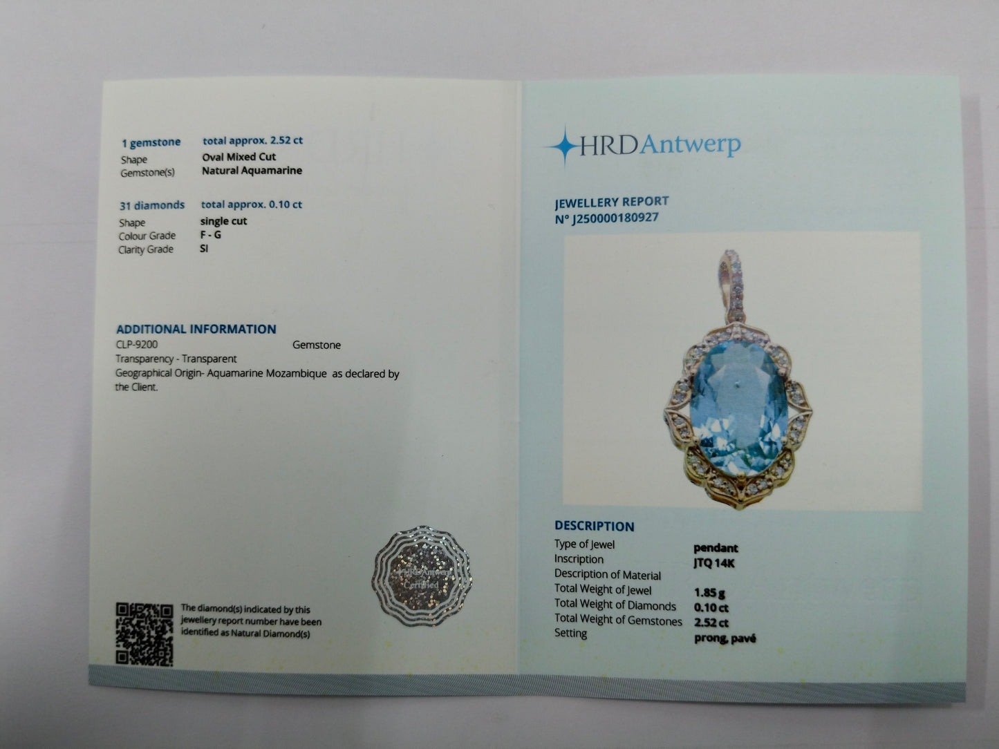 2.62 Ct Oval Mixed Cut Natural Aquamarine 14K Gold Pendant