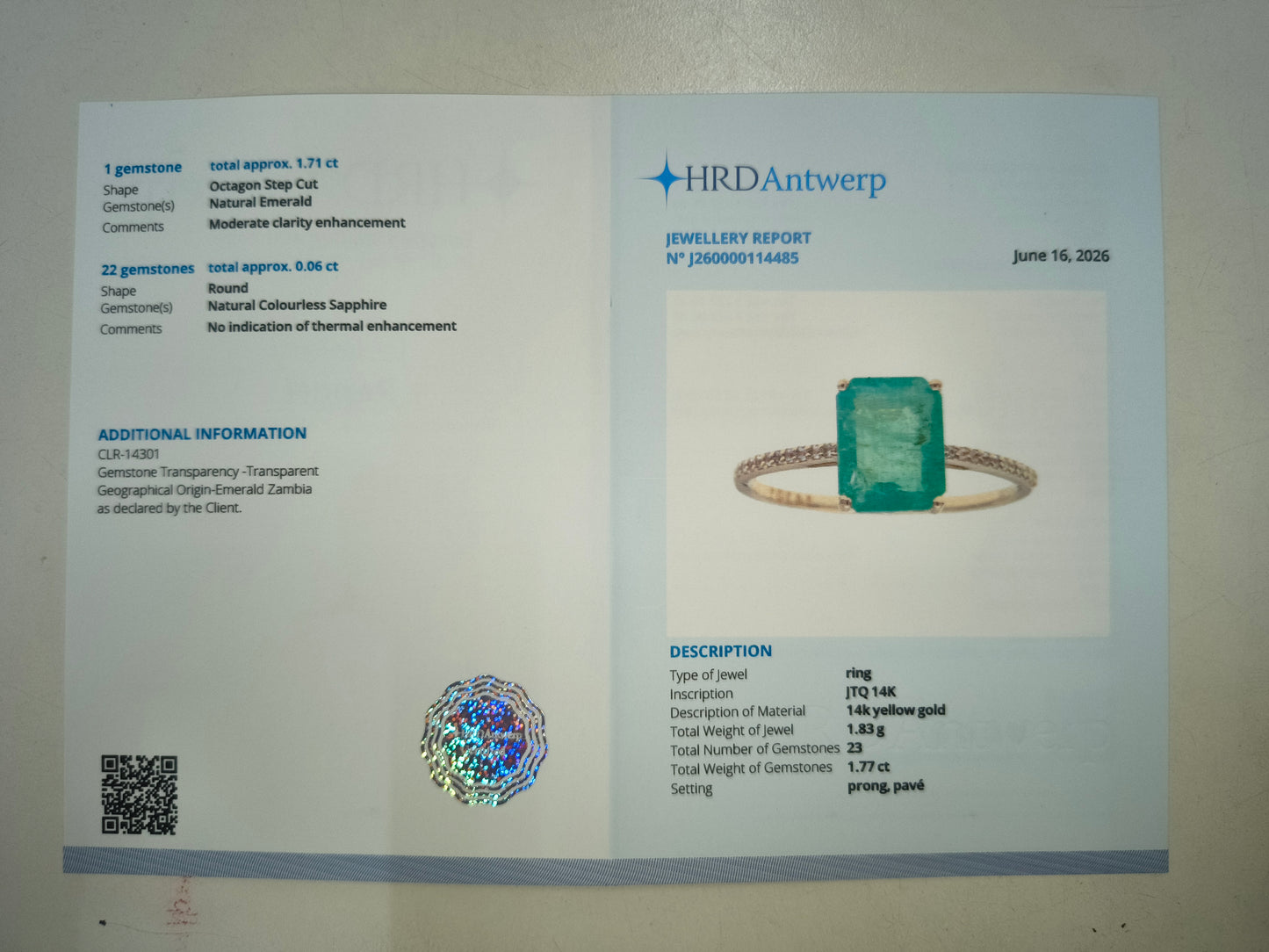 1.77 Ct Octagon Step Cut Natural Emerald 14K Gold Ring