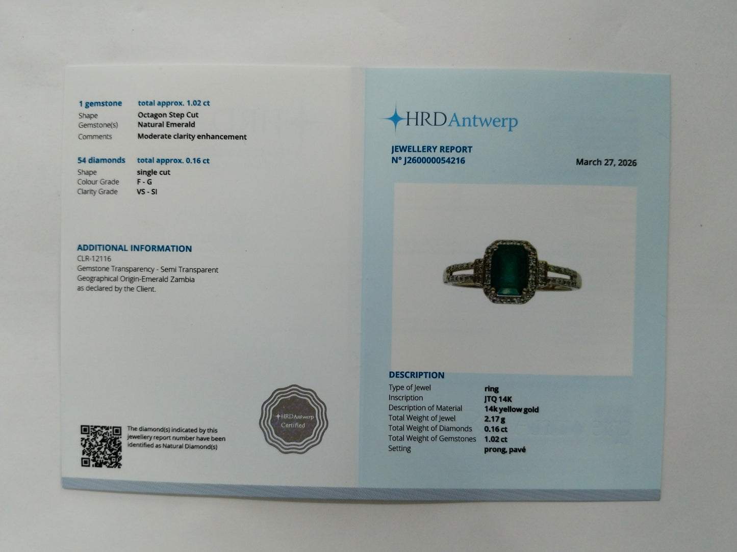 1.18 Ct Octagon Step Cut Natural Emerald 14K Gold Ring