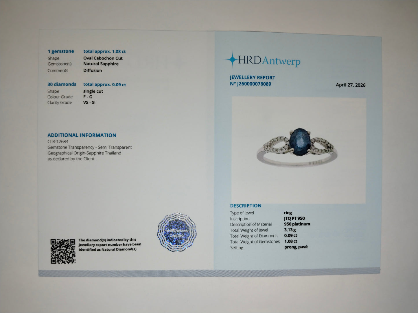 1.17 Ct Oval Cabochon Cut Natural Sapphire 950 Platinum Ring