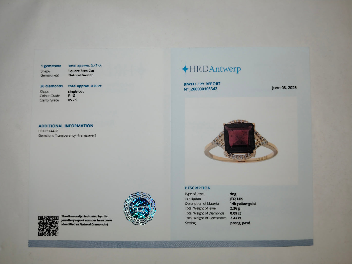 2.56 Ct Square Step Cut Natural Garnet 14K Gold Ring