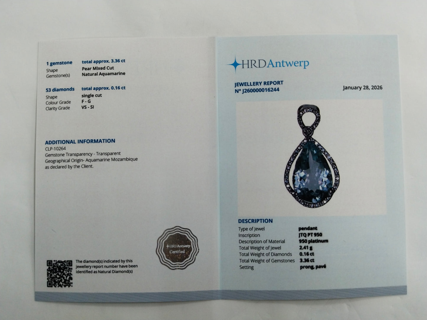 3.52 Ct Pear Mixed Cut Natural Aquamarine 950 Platinum Pendant
