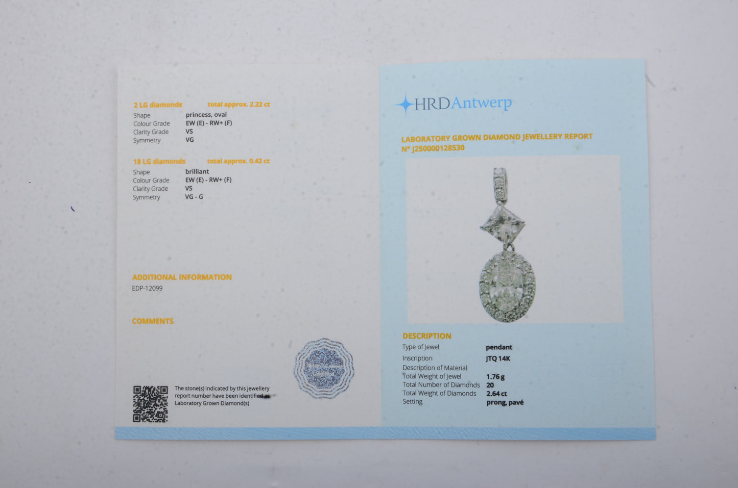 2.64 Carats Lab Grown Diamond 14K Gold Pendant