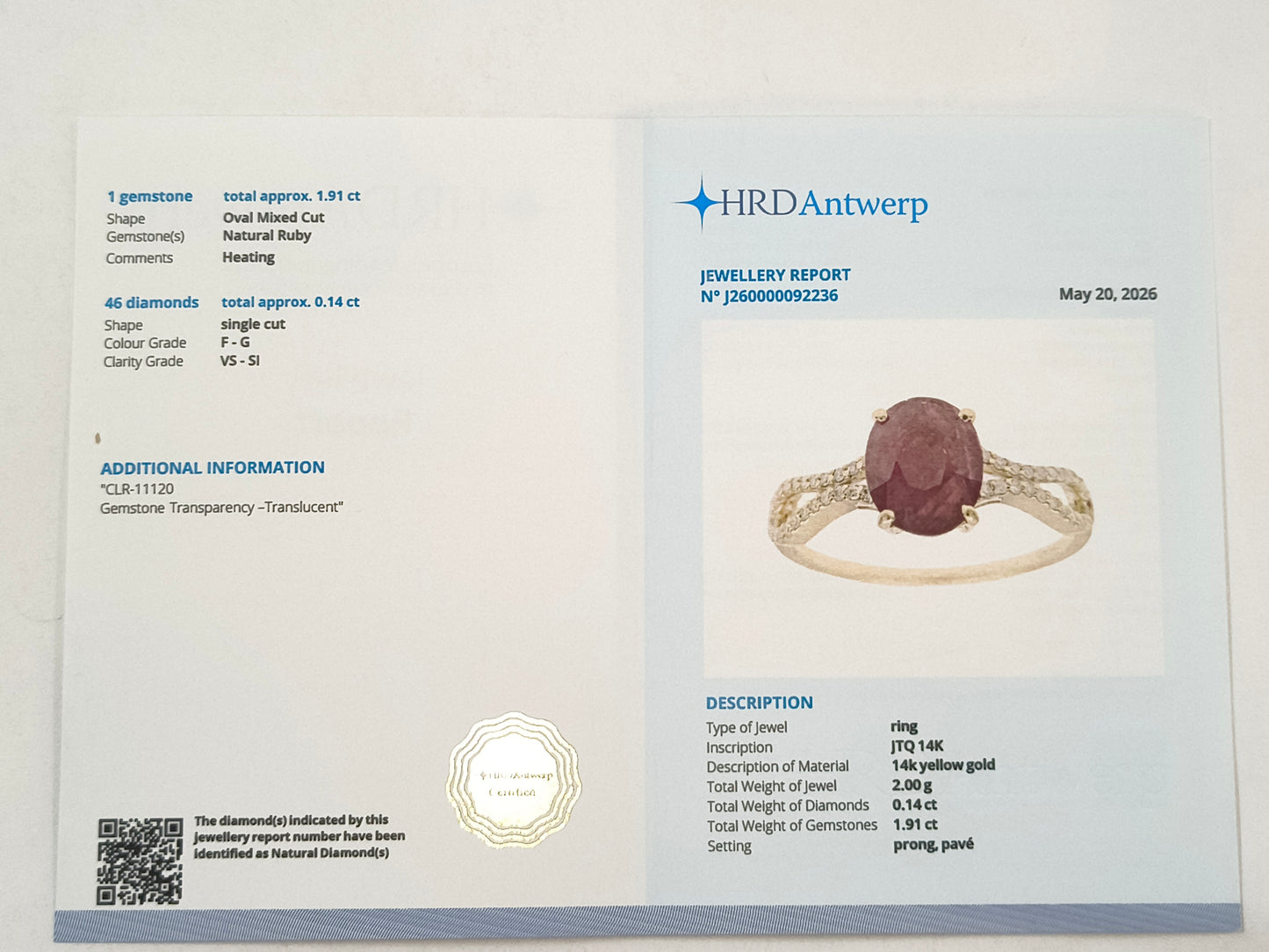 2.05 Ct Oval Ruby 14K Gold Ring