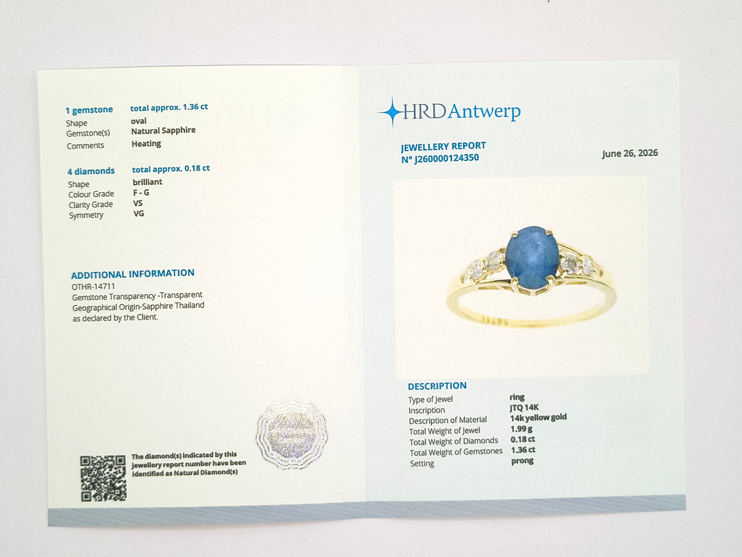 1.54 Ct Oval Natural Sapphire 14K Gold Ring
