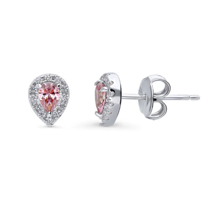 Halo Pear CZ Stud Earrings in Sterling Silver