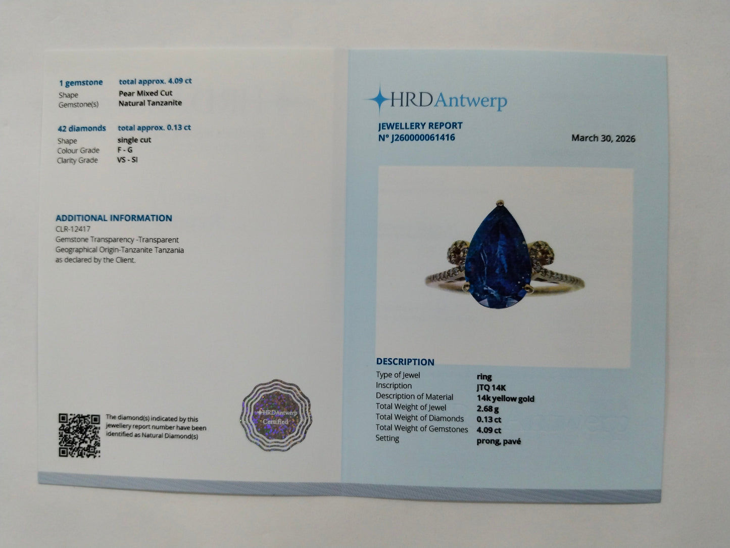 4.22 Ct Pear Mixed Cut Natural Tanzanite 14K Gold Ring