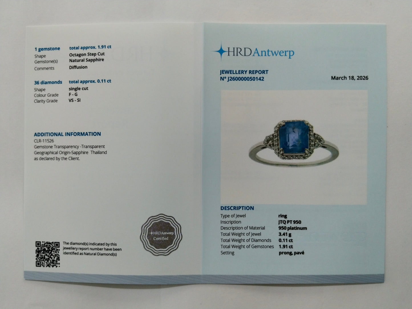 2.02 Ct Octagon Step Cut Natural Sapphire 950 Platinum Ring