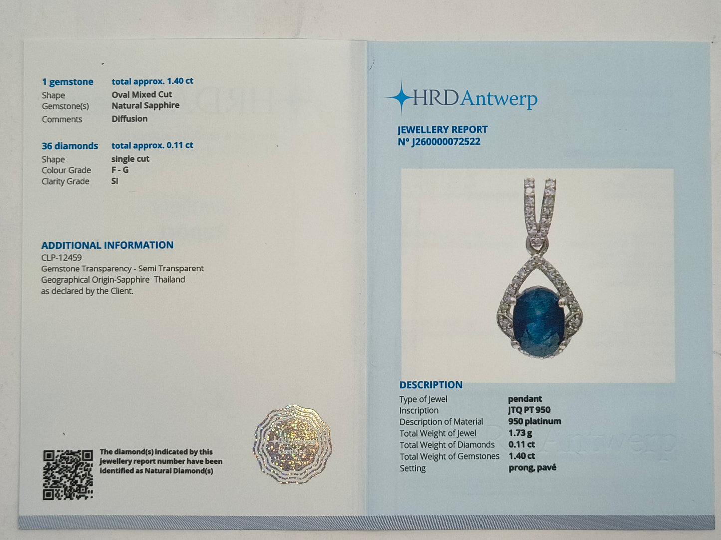 1.51 Ct Oval Mixed Cut Natural Sapphire 950 Platinum Pendant