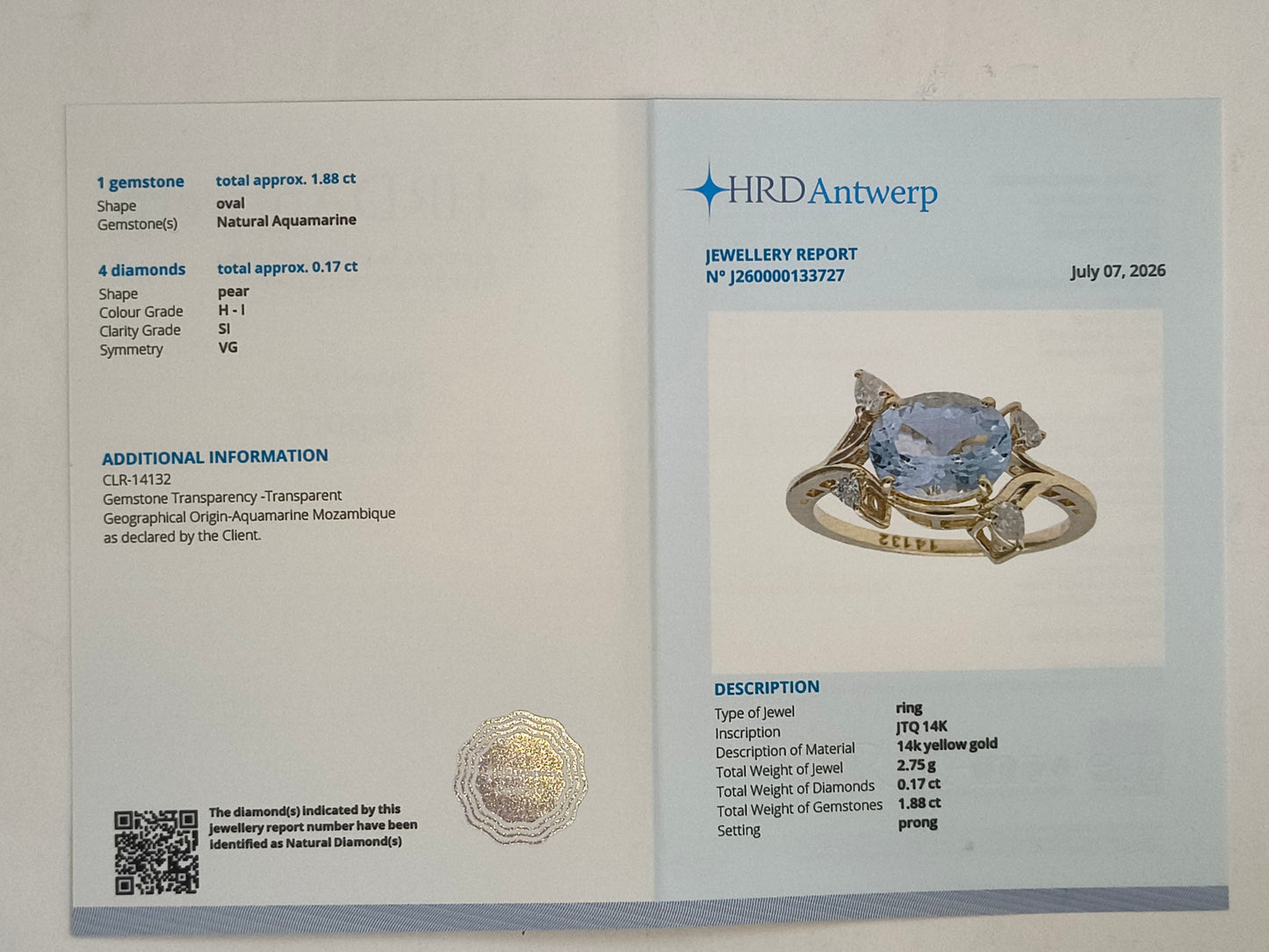 2.05 Ct Oval Natural Aquamarine 14K Gold Ring