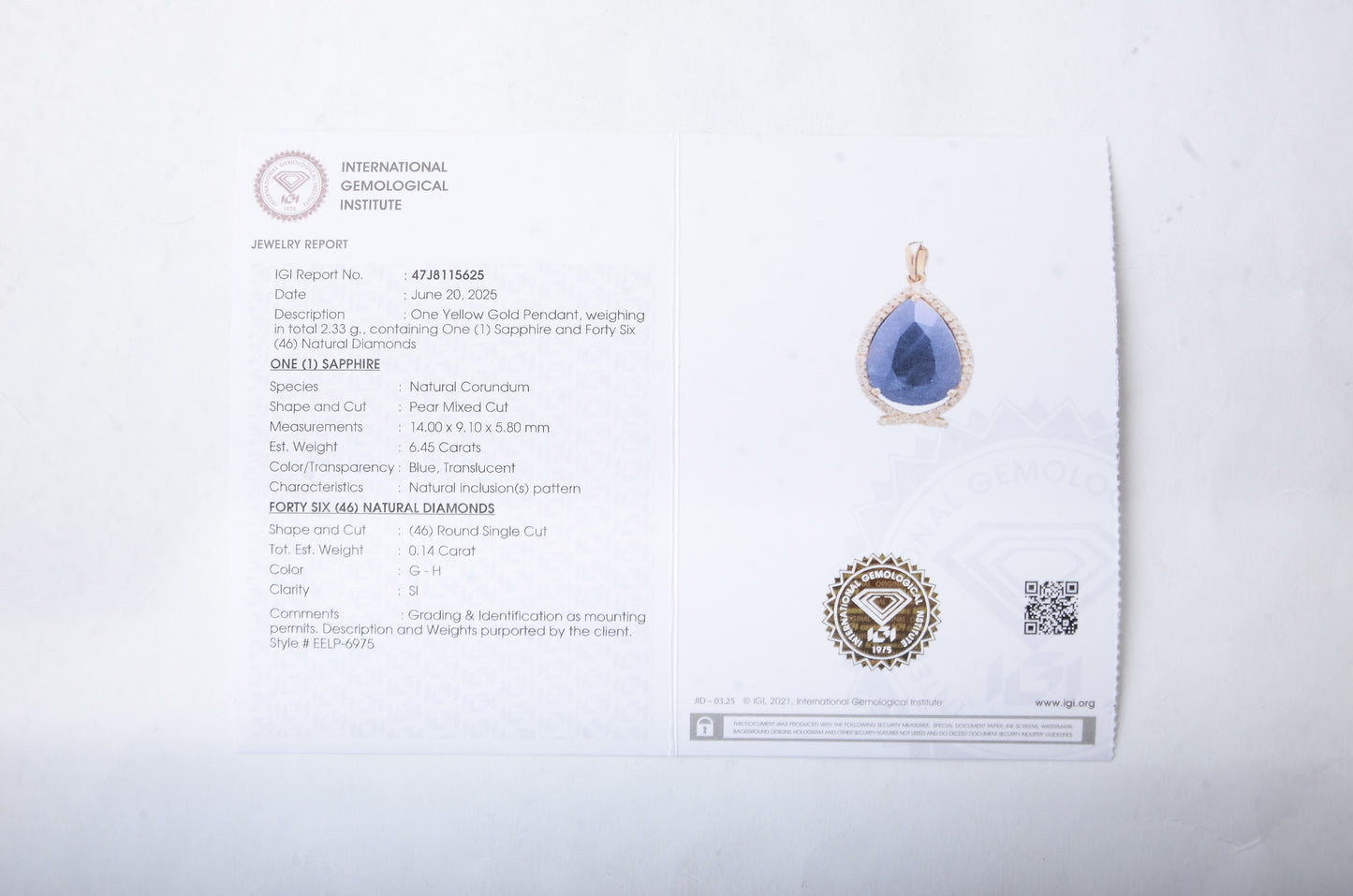 6.59 Ct Pear Mixed Cut Natural Corundum Sapphire 14K Gold Pendant