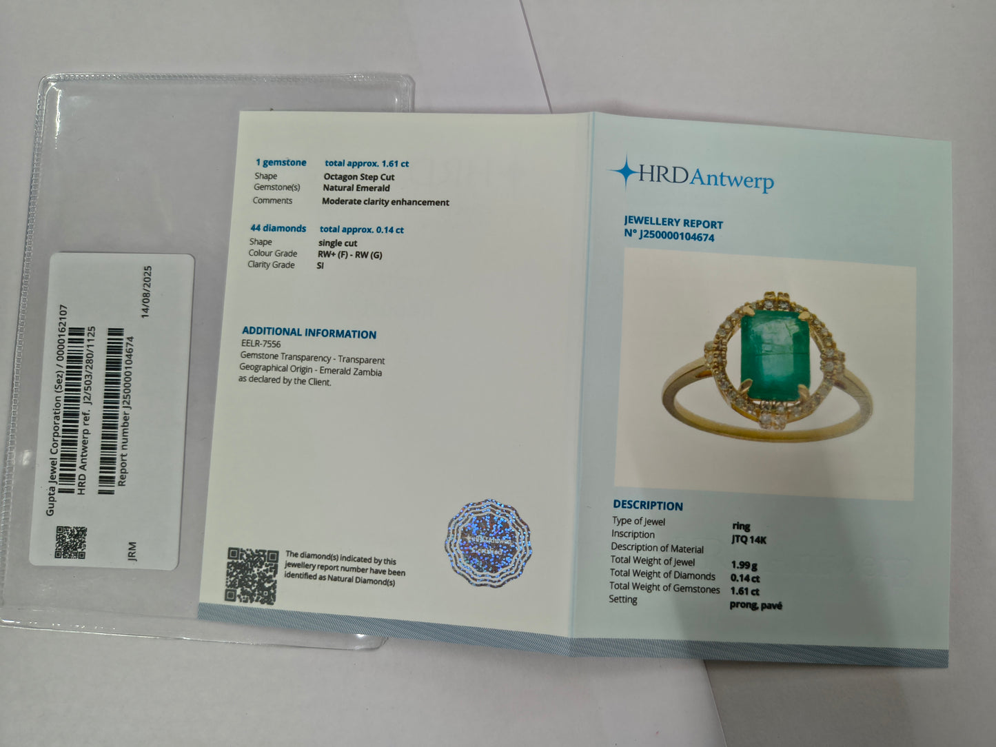 1.75 Ct Octagon Step Cut Natural Emerald 14K Gold Ring