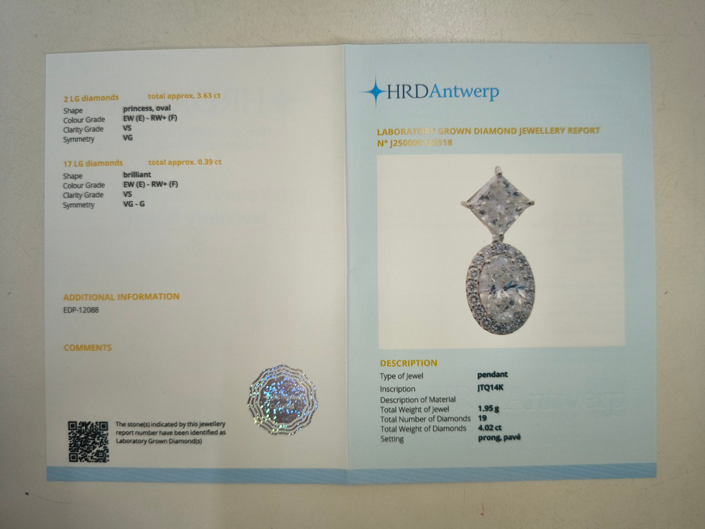 4.02 Carats Lab Grown Diamond 14K Gold Pendant