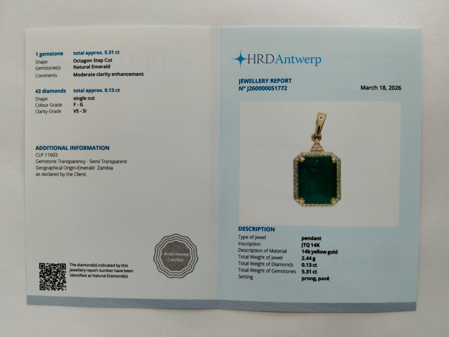 5.44 Ct Octagon Step Cut Natural Emerald 14K Gold Pendant