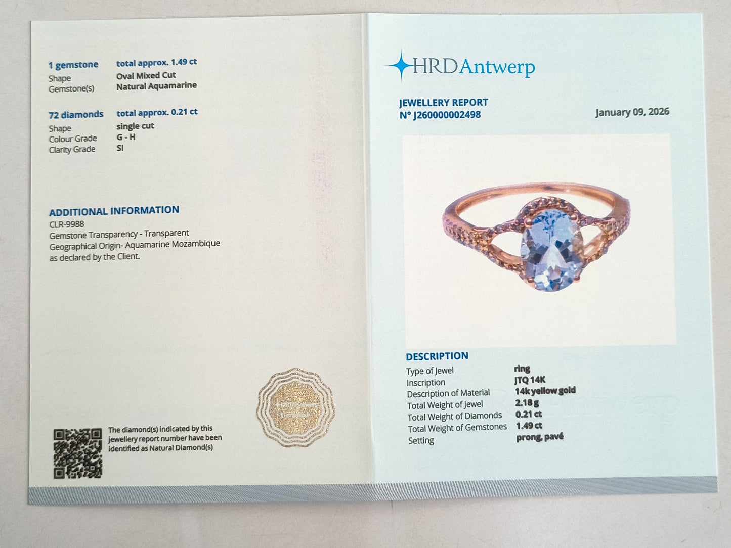 1.70 Ct Oval Mixed Cut Natural Aquamarine 14K Gold Ring