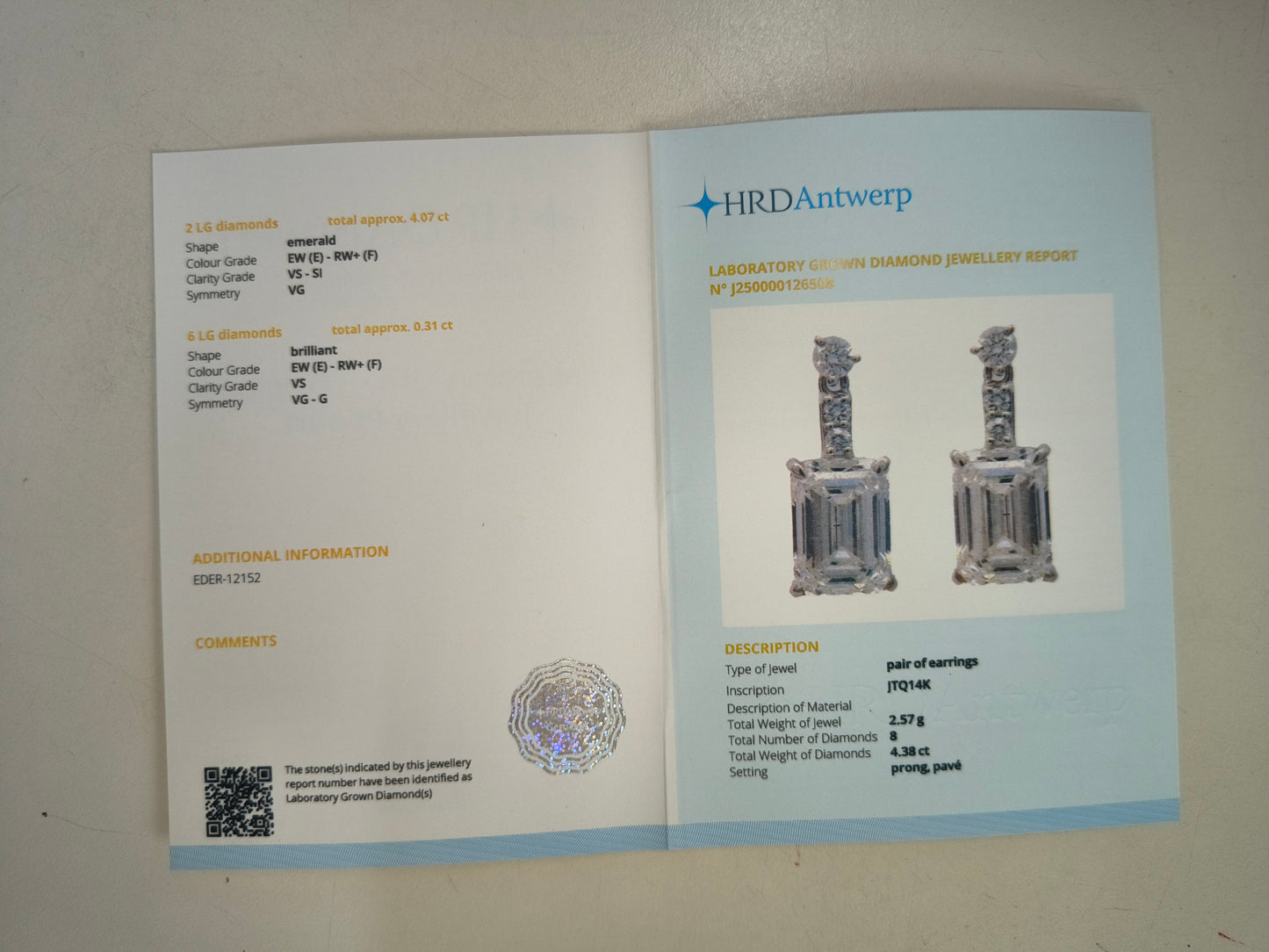 4.38 Carats Lab Grown Diamond 14K Gold Earrings