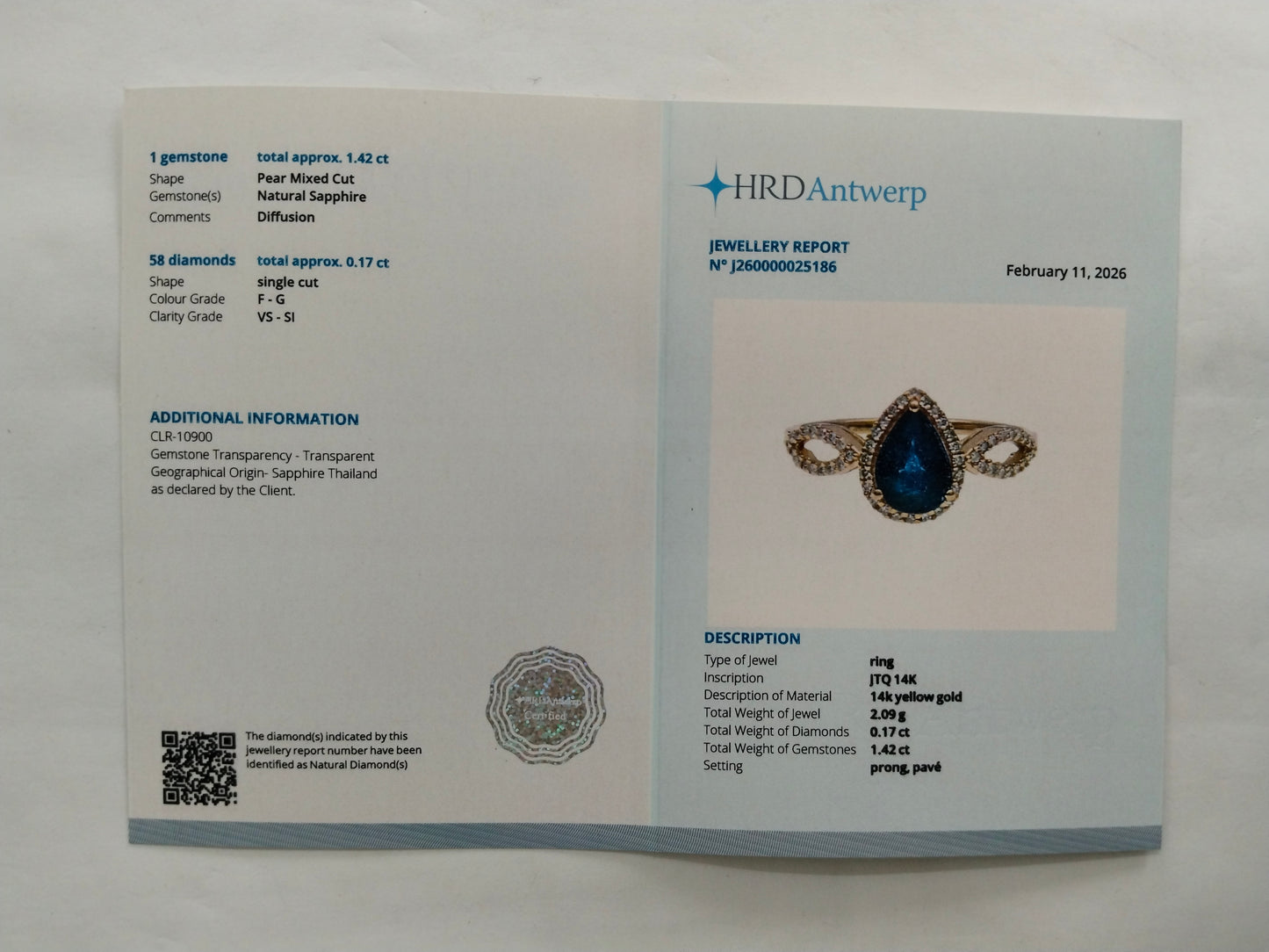 1.59 Ct Pear Mixed Cut Natural Sapphire 14K Gold Ring