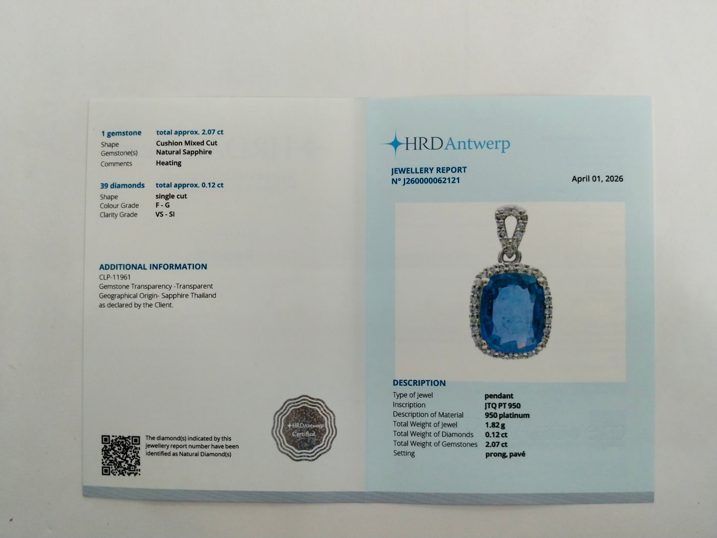 2.19 Ct Cushion Mixed Cut Natural Sapphire 950 Platinum Pendant