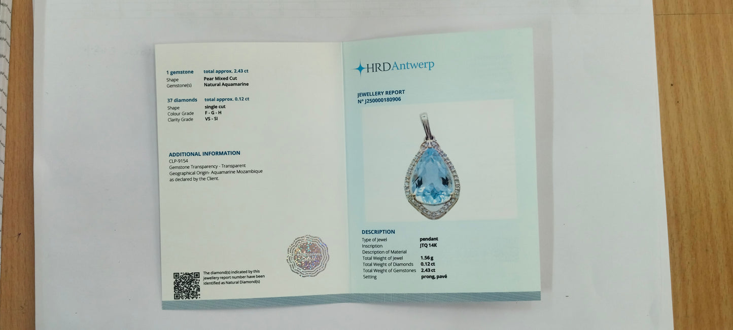 2.55 Ct Pear Mixed Cut Natural Aquamarine 14K Gold Pendant