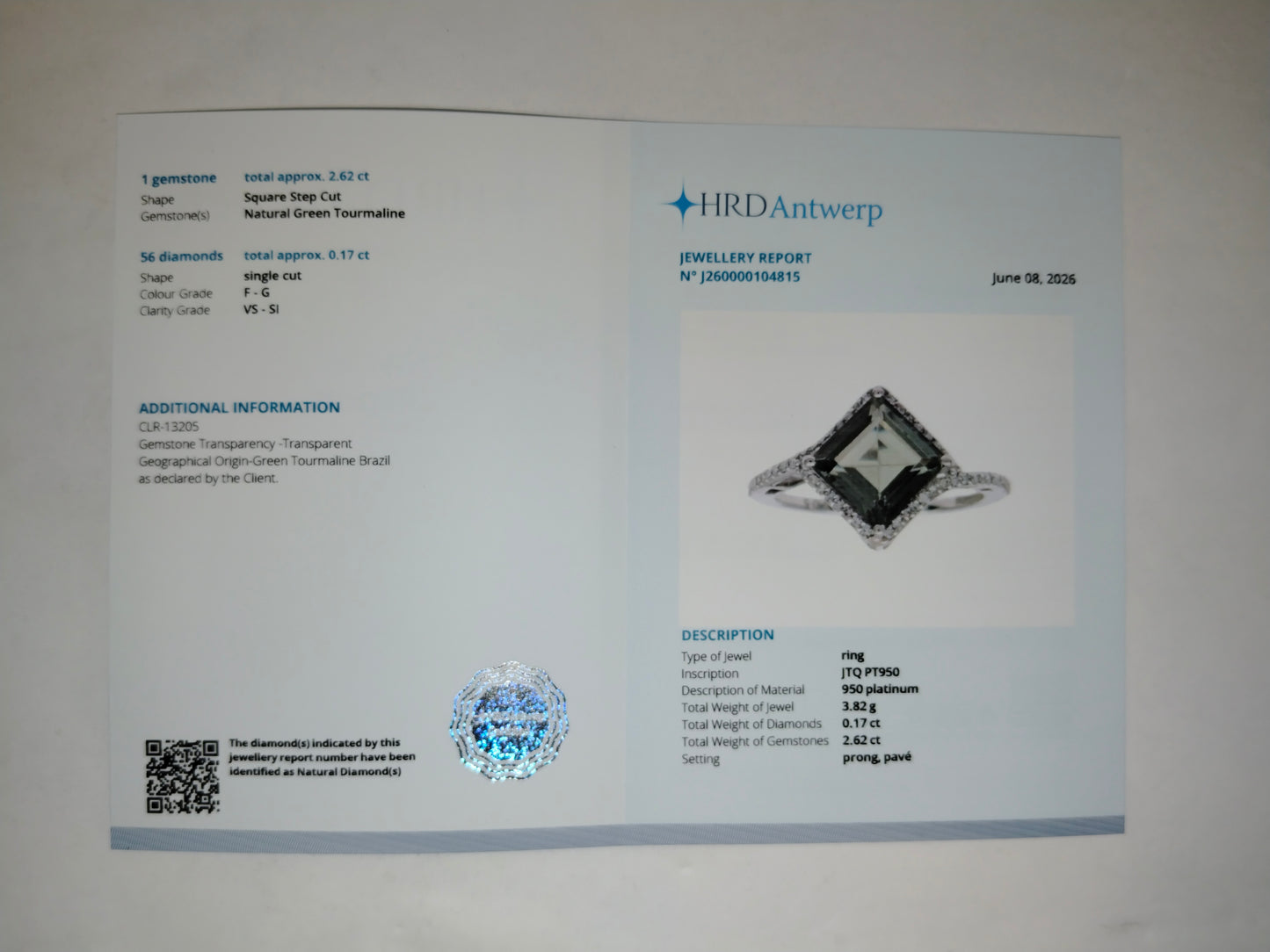 2.79 Ct Square Step Cut Natural Green Tourmaline 950 Platinum Ring