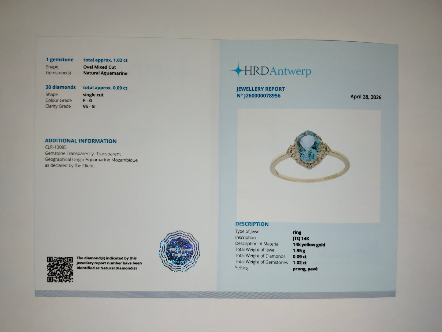 1.11 Ct Oval Mixed Cut Natural Aquamarine 14K Gold Ring