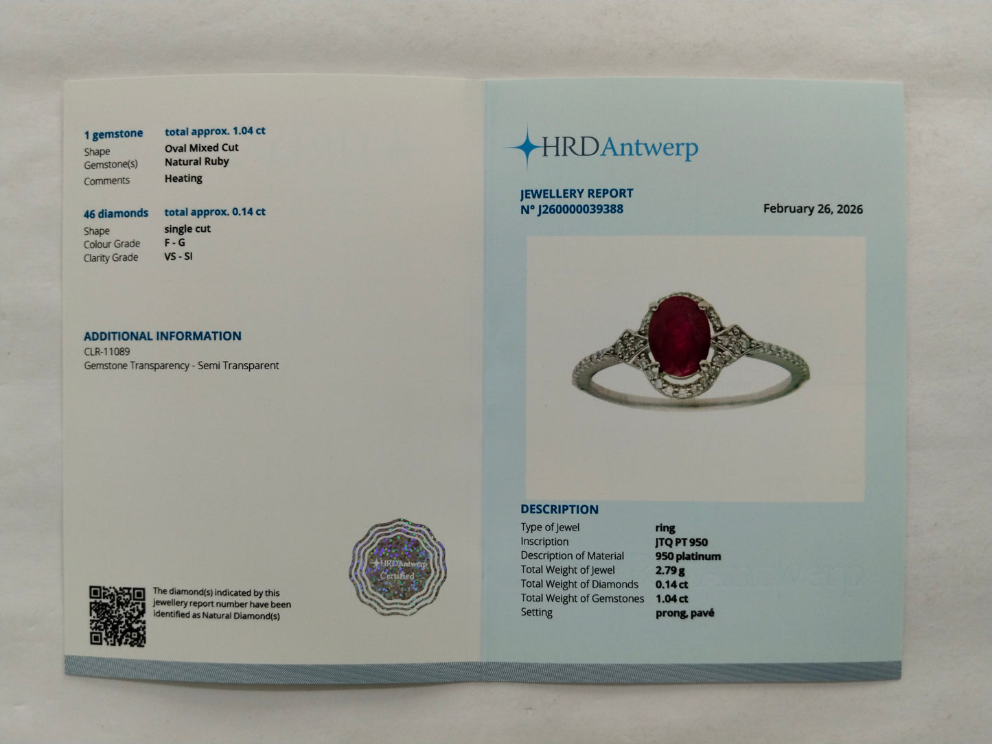 1.18 Ct Oval Mixed Cut Natural Ruby 950 Platinum Ring