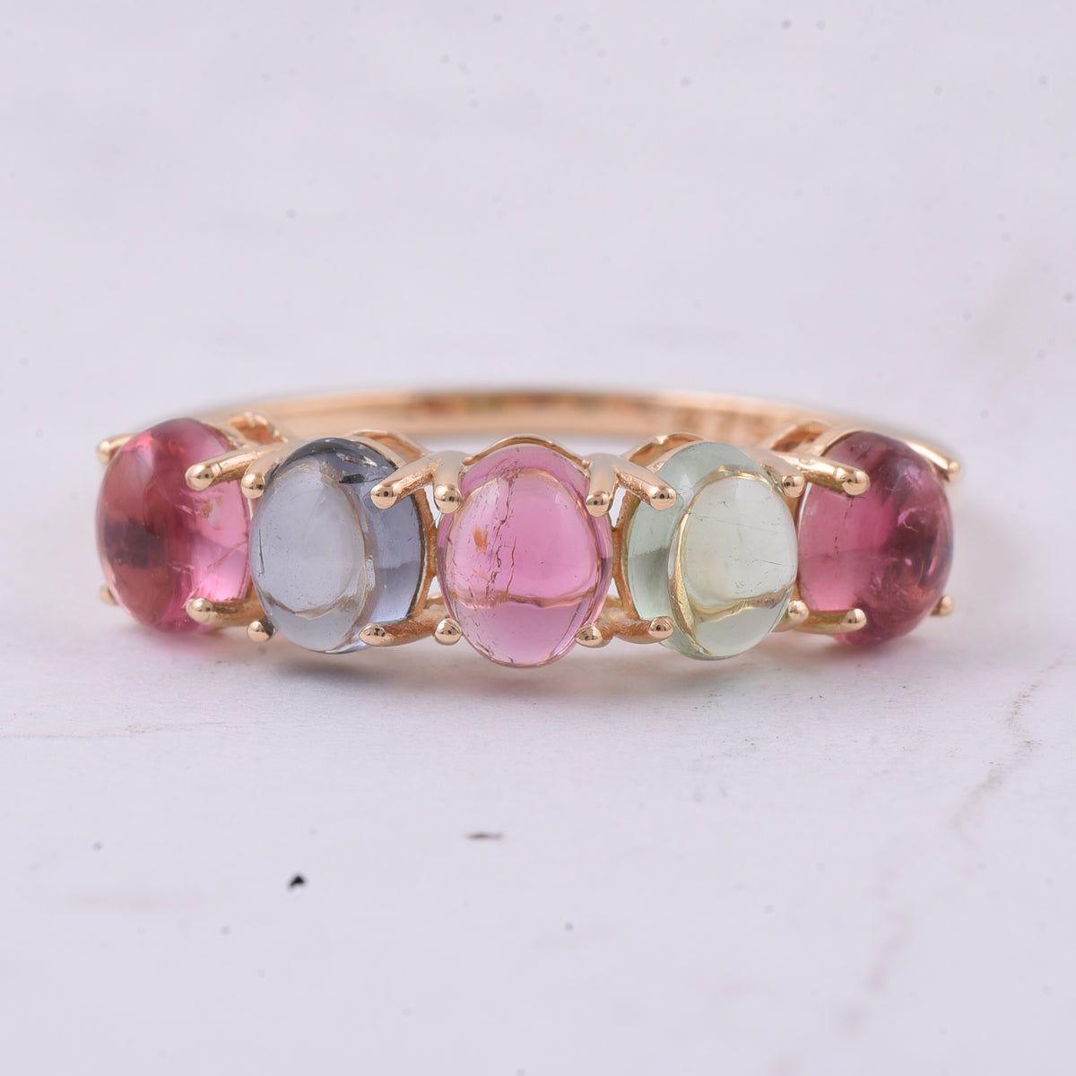 2.21 Ct Oval Cabochon Cut Natural Multi-Coloured Tourmaline 14K Gold Ring