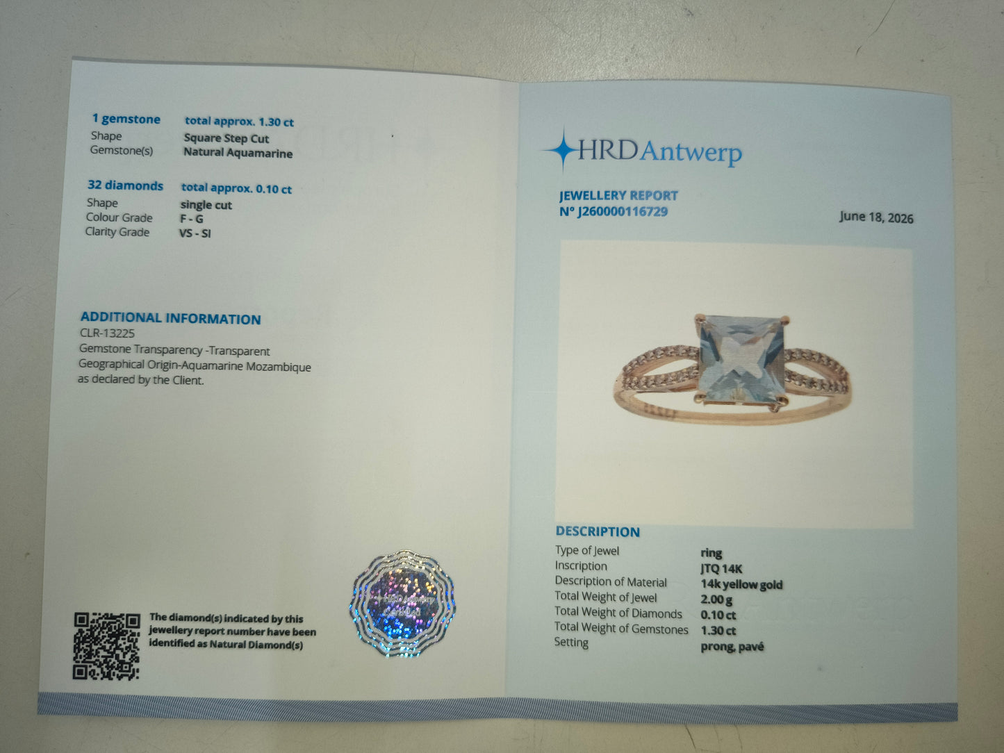 1.40 Ct Square Step Cut Natural Aquamarine 14K Gold Ring