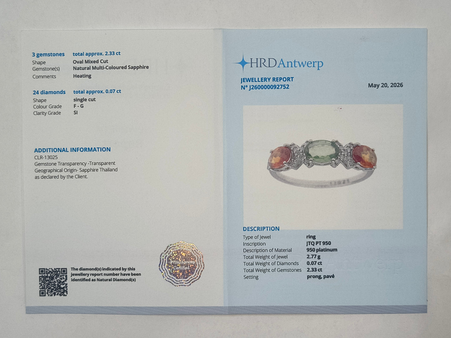 2.40 Ct Oval Multi Sapphire 950 Platinum Ring