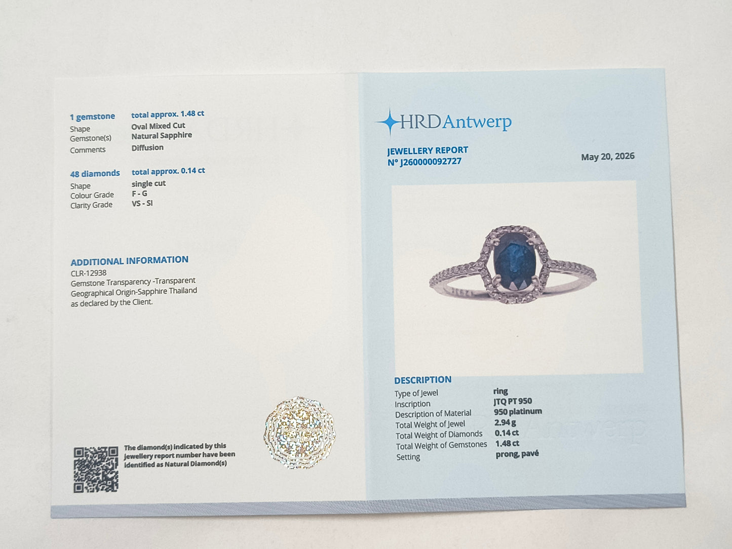 1.62 Ct Oval Sapphire 950 Platinum Ring