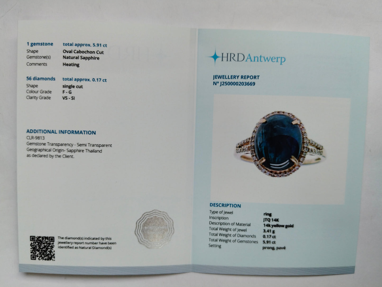 6.08 Ct Oval Cabochon Cut Natural Sapphire 14K Gold Ring