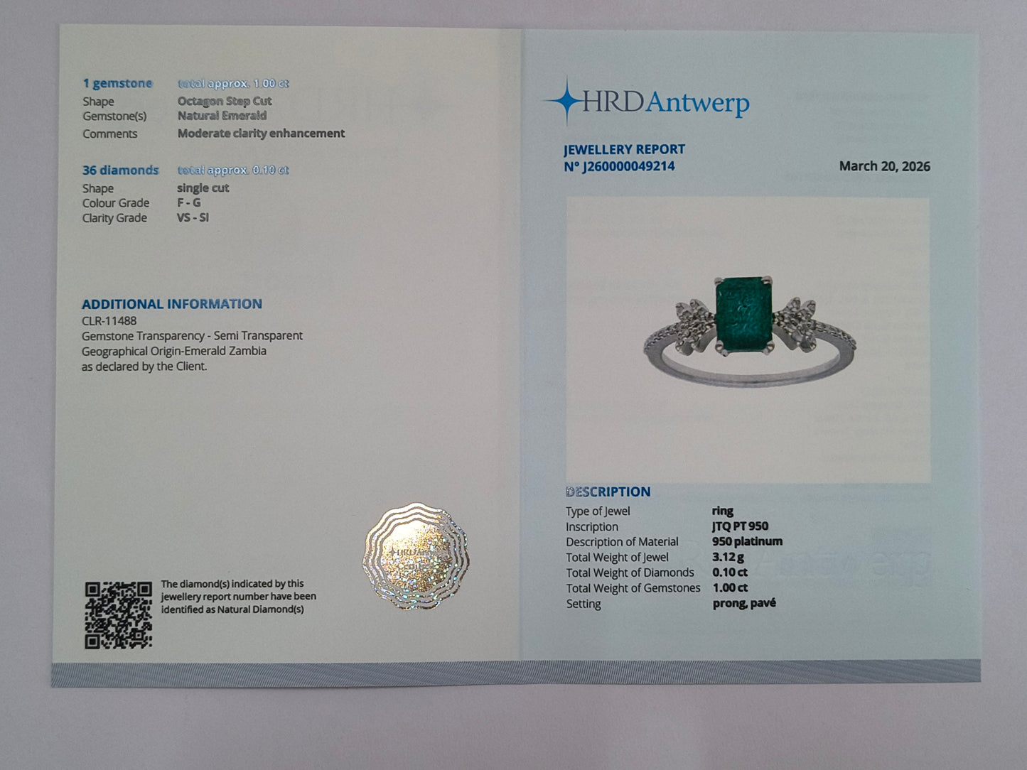 1.10 Ct Octagon Step Cut Natural Emerald 950 Platinum Ring