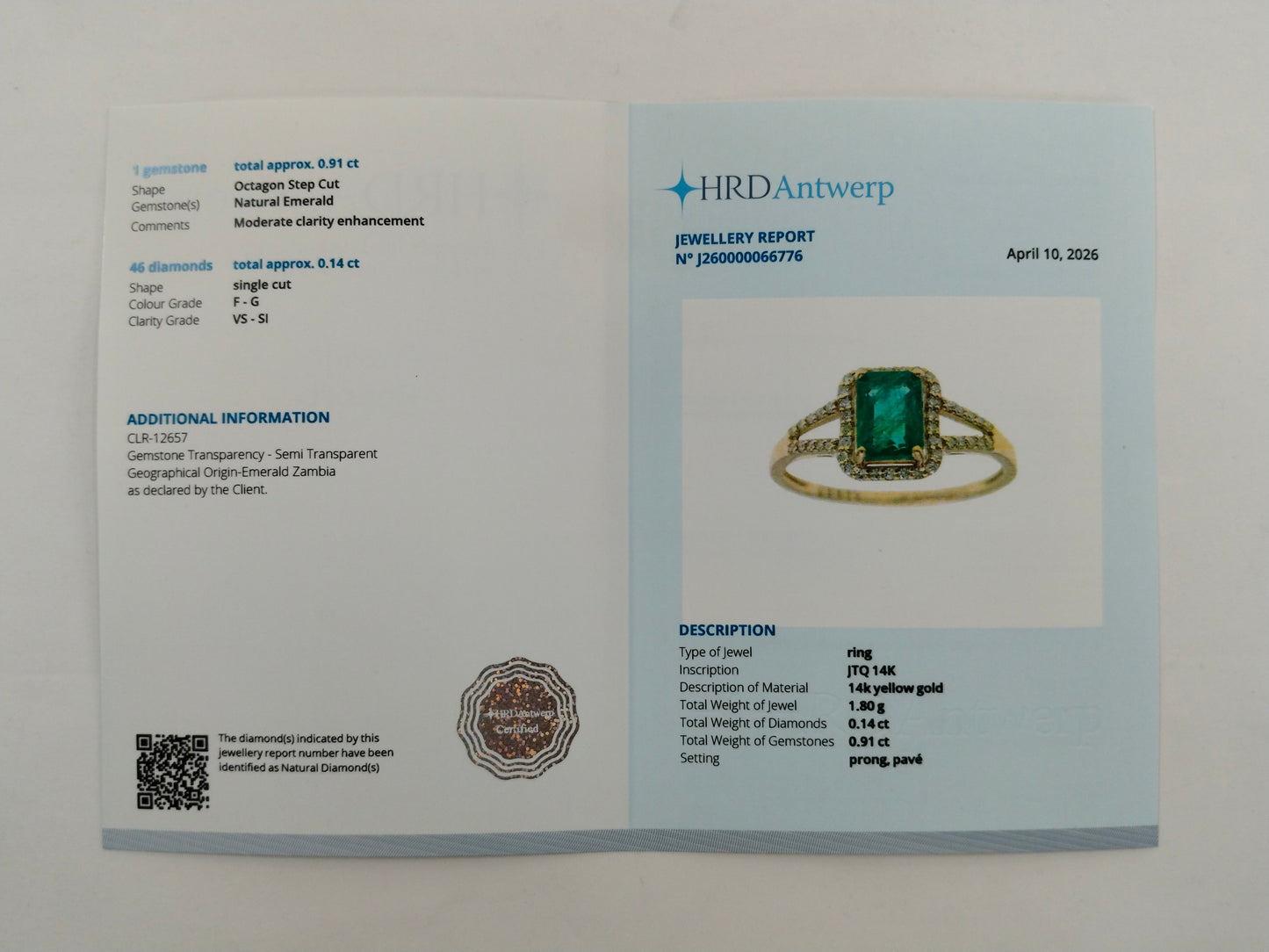 1.05 Ct Octagon Step Cut Natural Emerald 14K Gold Ring