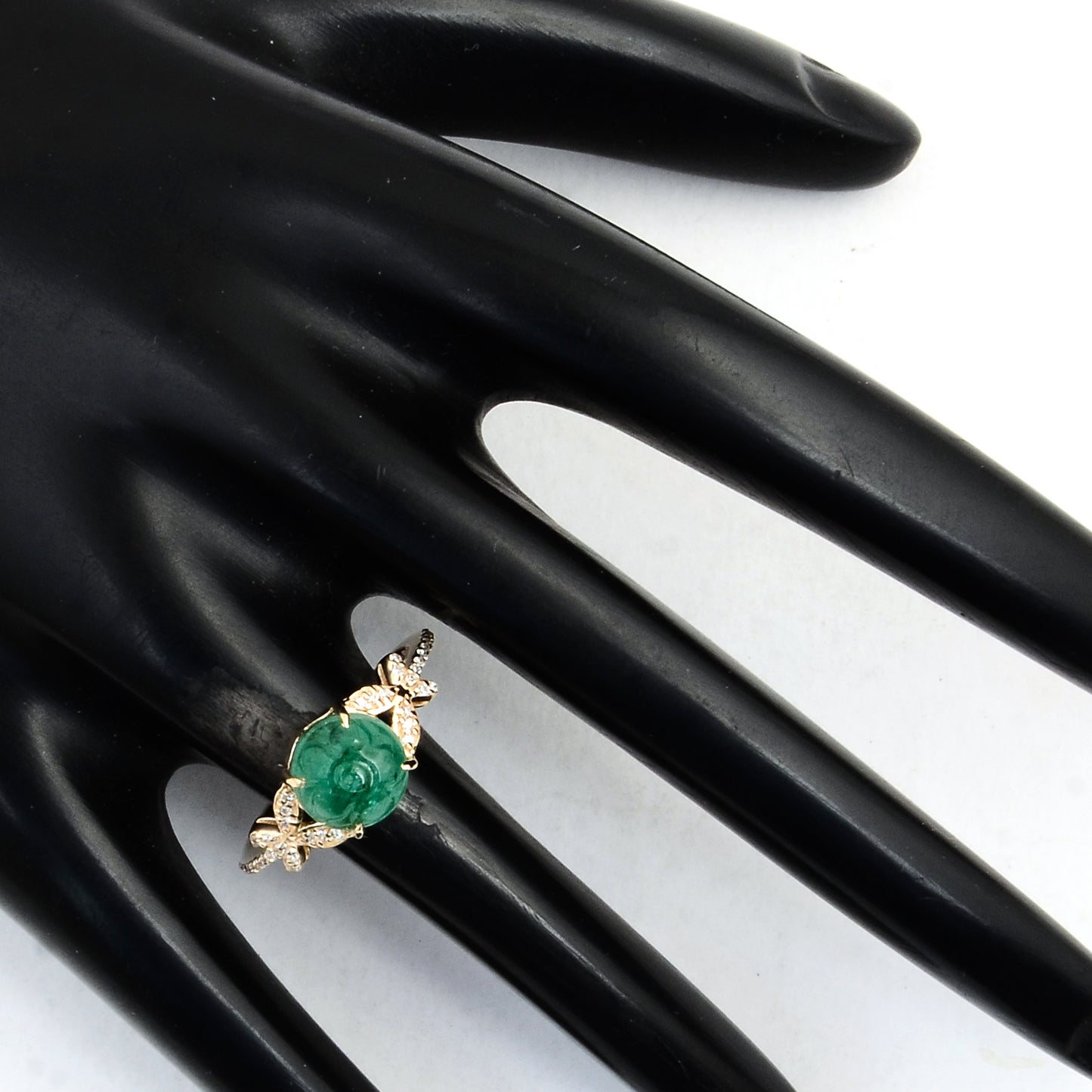 2.23 Ct Round Carving Natural Beryl Emerald 14K Gold Ring