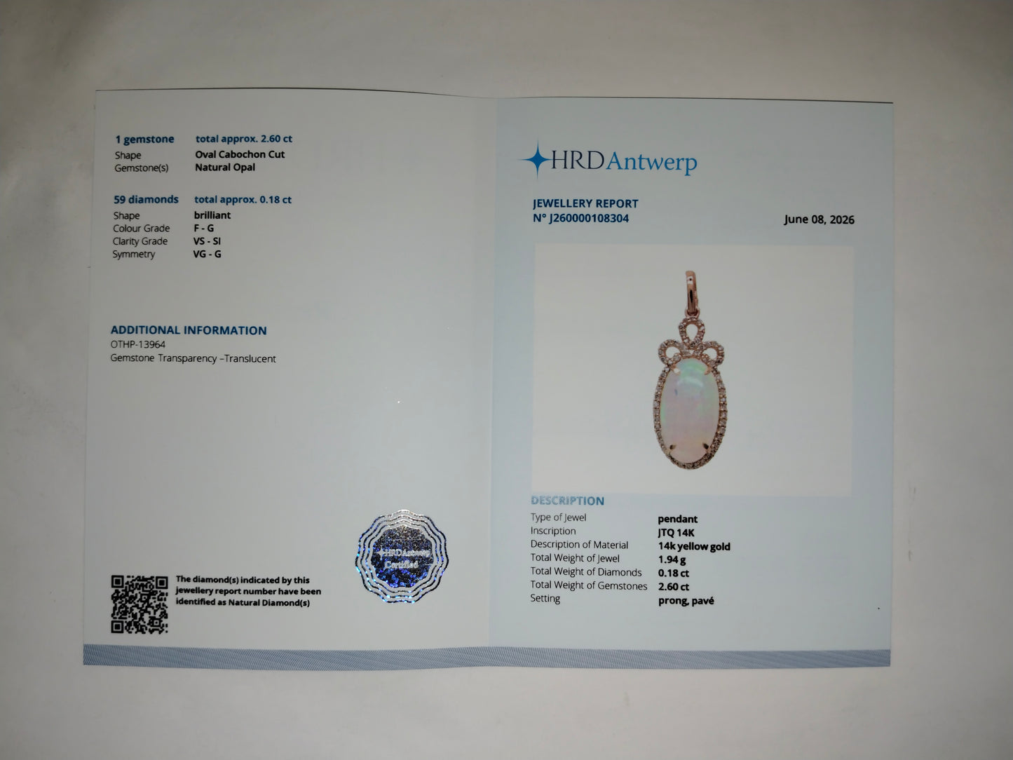 2.78 Ct Oval Cabochon Cut Natural Opal 14K Gold Pendant