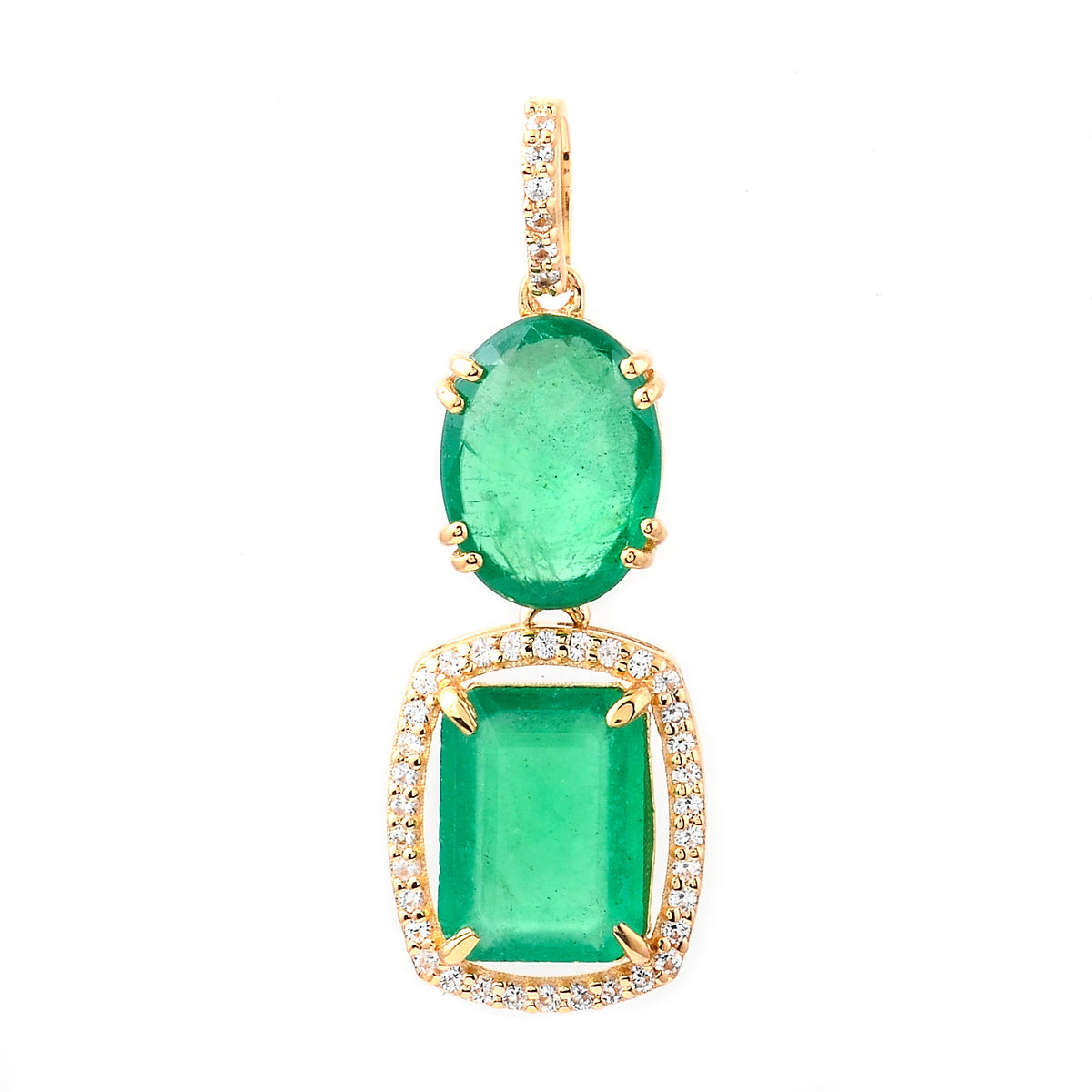 3.31 Ct Oval Mixed Cut, Octagon Step Cut Natural Emerald 14K Gold Pendant