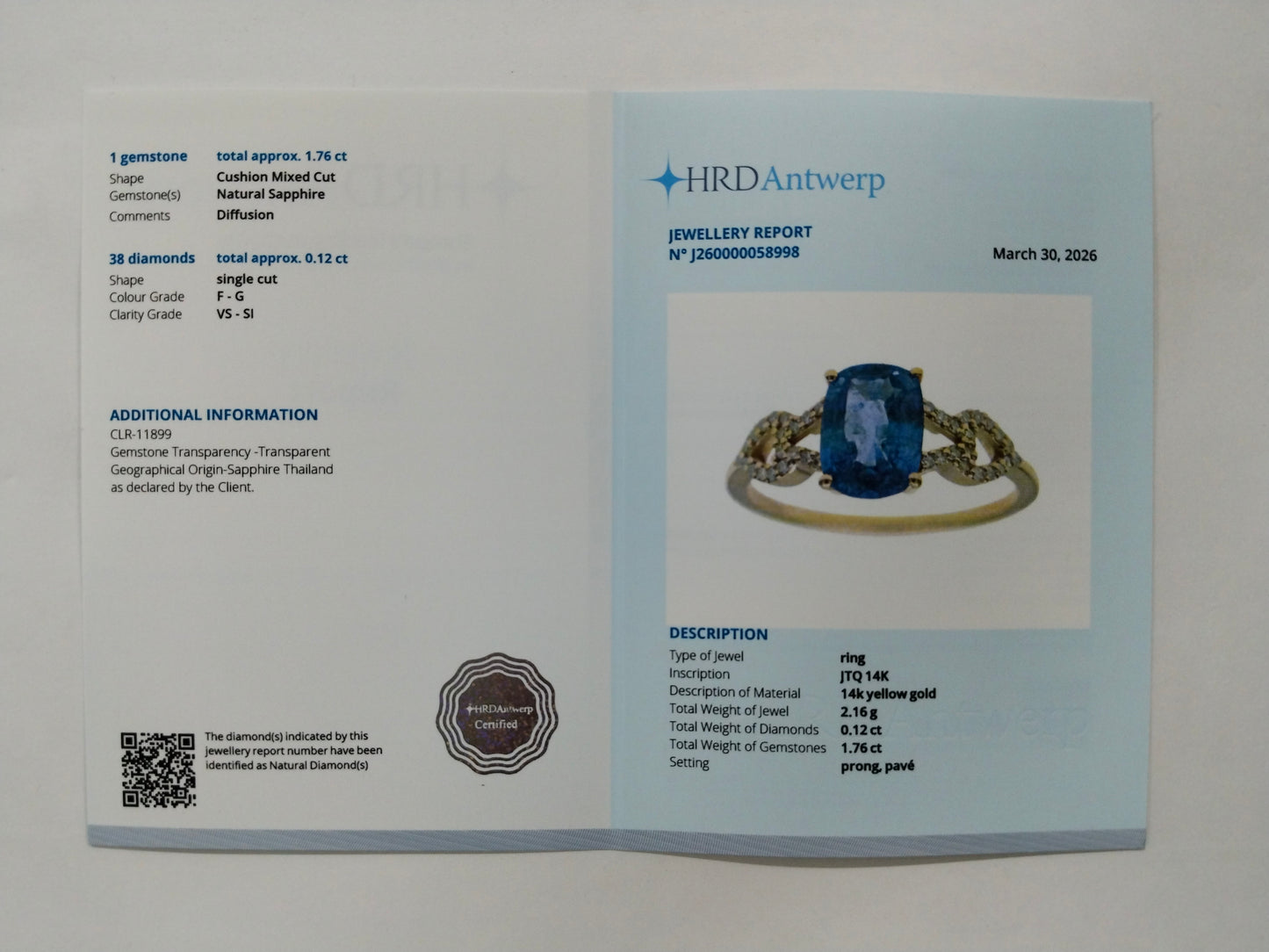 1.88 Ct Cushion Mixed Cut Natural Sapphire 14K Gold Ring