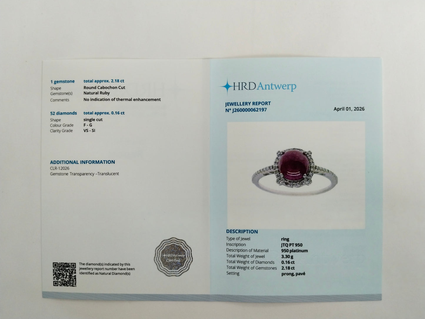 2.34 Ct Round Cabochon Cut Natural Ruby 950 Platinum Ring