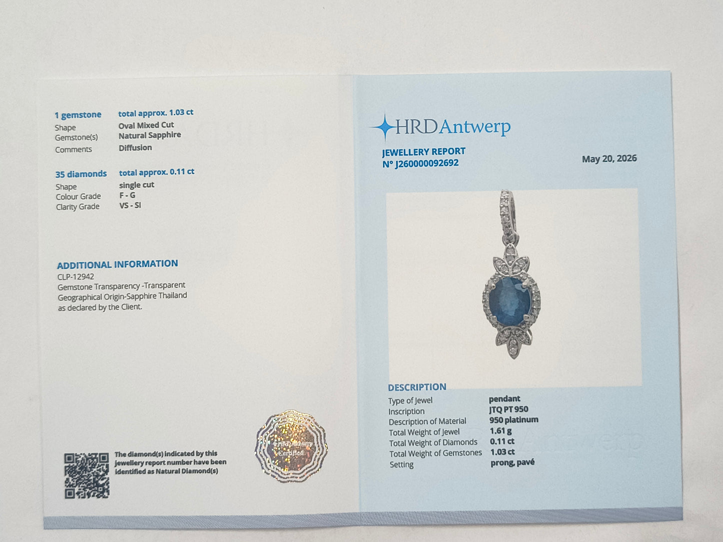 1.14 Ct Oval Sapphire 950 Platinum Pendant