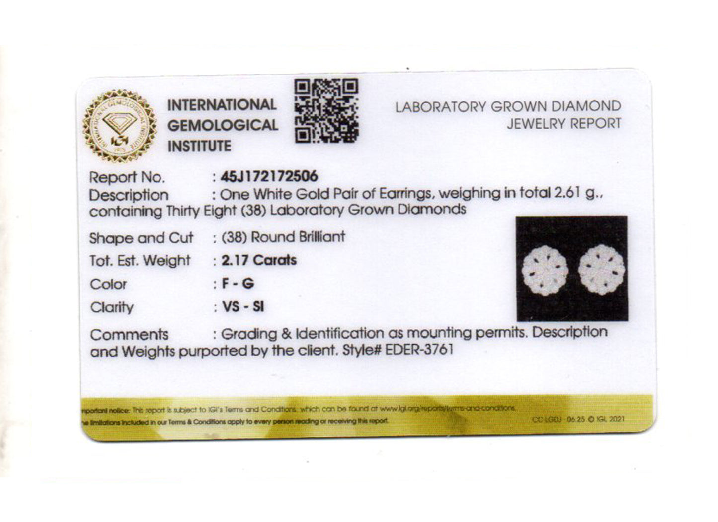 2.17 Carats Lab Grown Diamond 14K Gold Earrings