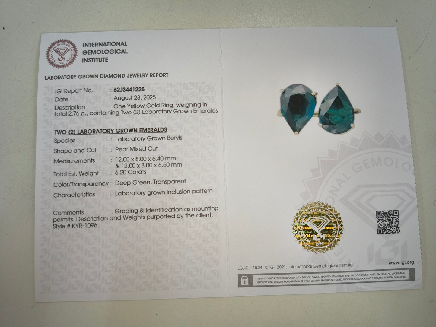 6.20 Ct Pear Mixed Cut Lab Grown Emerald 14K Gold Ring