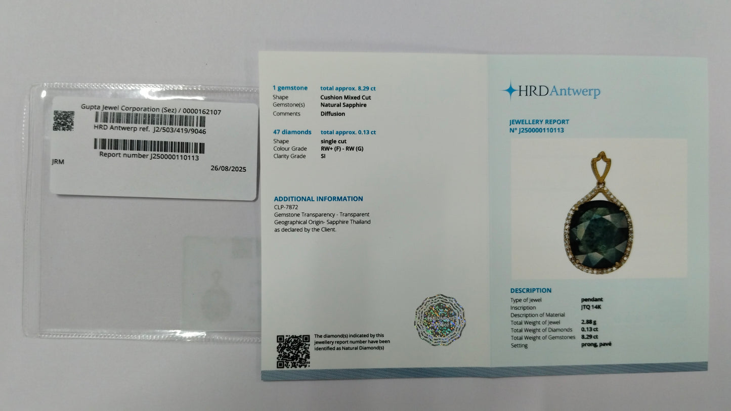 8.42 Ct Cushion Mixed Cut Natural Sapphire 14K Gold Pendant