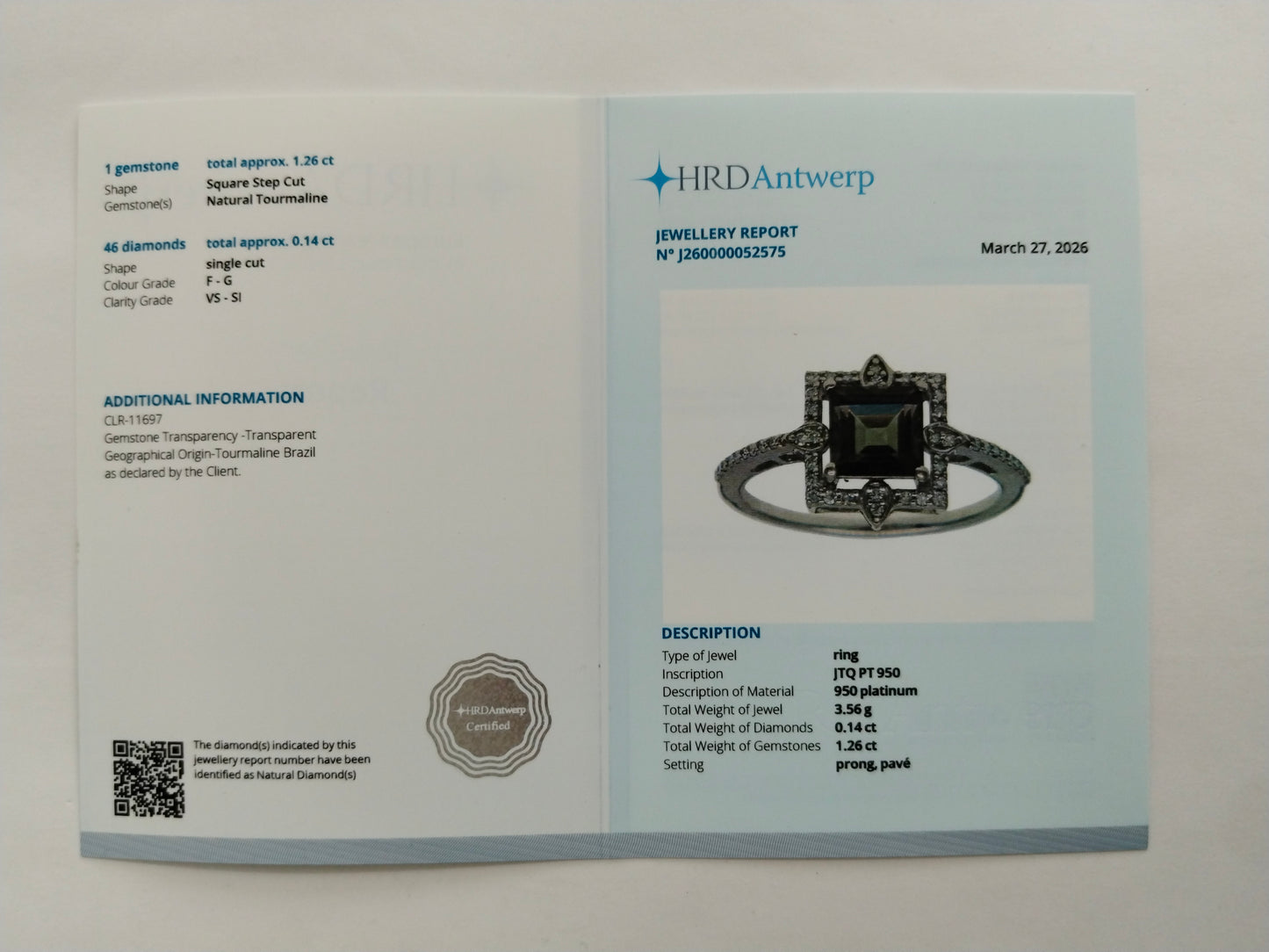 1.40 Ct Square Step Cut Natural Tourmaline 950 Platinum Ring