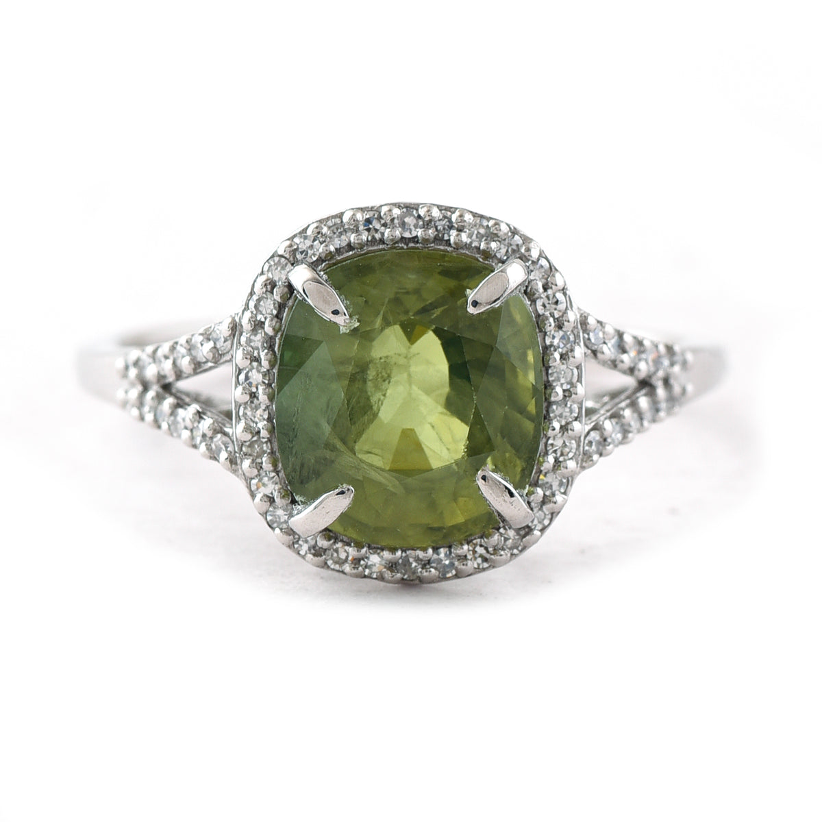 3.58 Ct Cushion Mixed Cut Natural Green Sapphire 950 Platinum Ring