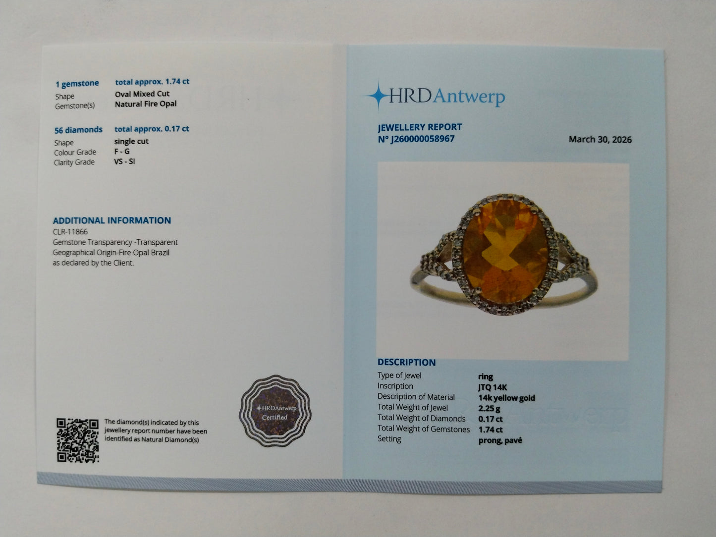 1.91 Ct Oval Mixed Cut Natural Fire Opal 14K Gold Ring