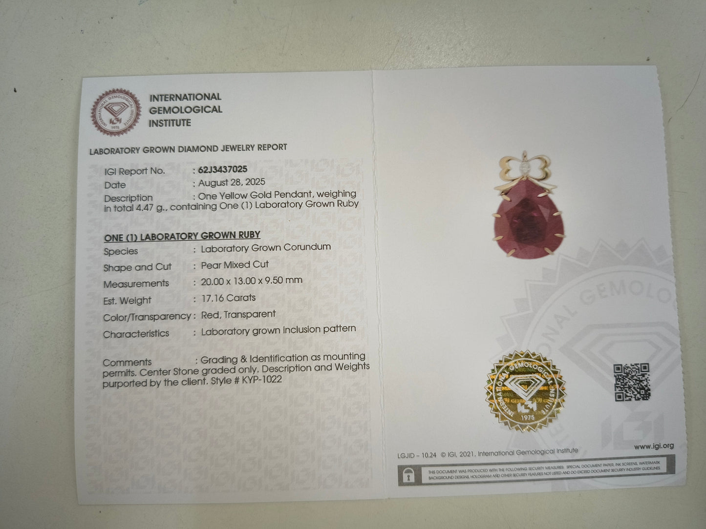 17.22 Ct Pear Mixed Cut Lab Grown Ruby 14K Gold Pendant